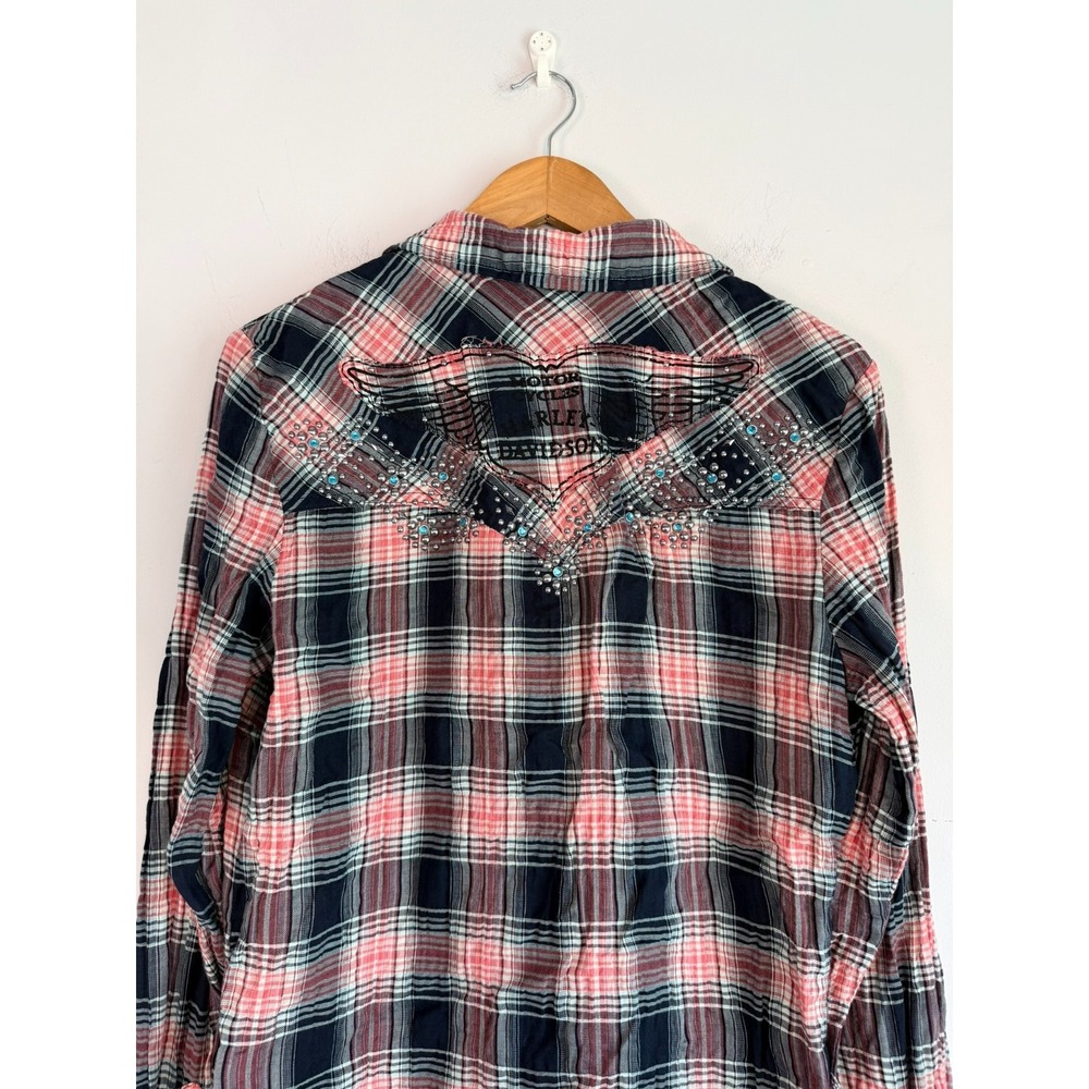 Harley Davidson Womens Plaid Embroidered Studs Shirt Medium Biker Moto - Picture 8 of 11